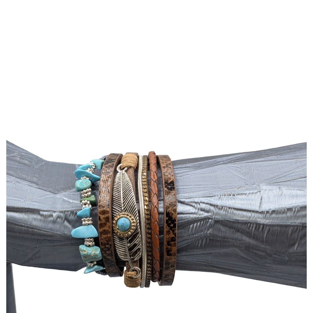Boho Turquoise Feather Faux Leather Multi-Strand Magnetic Wrap Bracelet Brown
